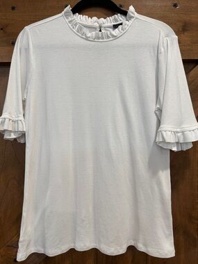 Ann Taylor Women's White Ruffle Neck & Sleeve Top Size Large